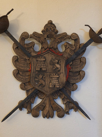 Antique Large Spanish Walnut Wood Carved Family Coat of Arms W 2 Tolido Swords.