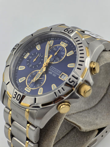 Citizen GN-4-S Chronograph 100M Two-Tone Blue Dial Quartz Men’s Watch. Working