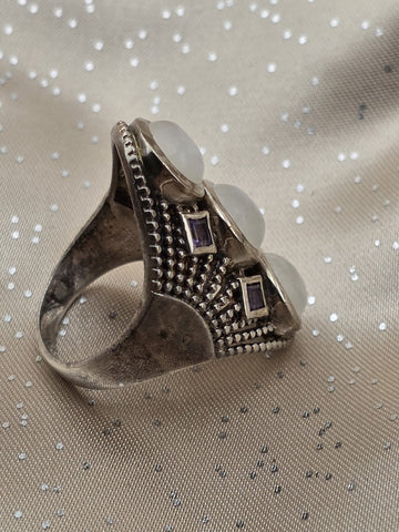 Rare Himalayan Gems 3-Moonstone & Amethyst Multistone Sterling Silver Ring. 9.5
