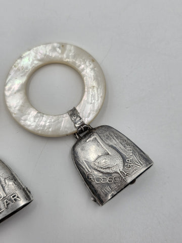 Pair Antique Sterling Silver Mother Of Pearl Baby Teething Rattles Mr Bear Goose