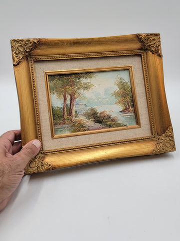 Vintage Mid-century Small Landscape Painting In Gold Wooden Frame. Artist Signed