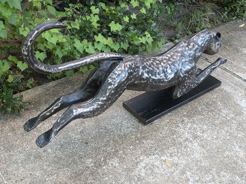 Vintage XL Cast aluminum Metal Cheetah Statue 42 inches long 21 inches tall.