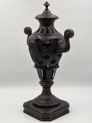 Antique Heavy Bronze Neoclassical Urn Ram Head Handles Pierced Vase Empire Style
