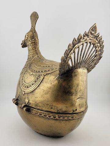 Antique Brass Decorative Indo-Islamic Dhokra Betel Nut Peacock Box With Lid.