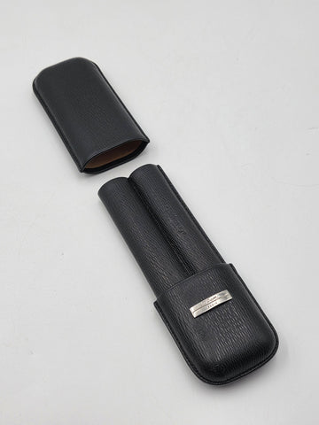Vintage S.T. Dupont Black Grain Leather & Black Gold Cigar Case For 2 Cigars