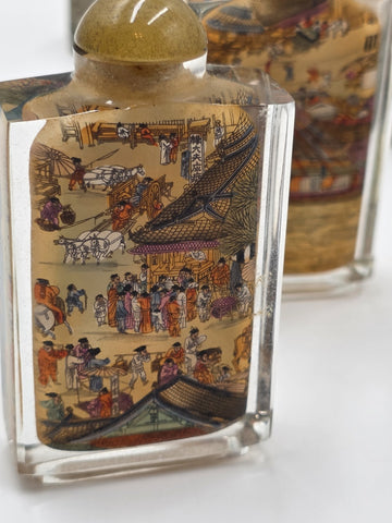RARE RIVERSCENE CHINESE ASIAN PAINTED SET OF 6 SNUFF BOTTLES IN PRESENTATION BOX