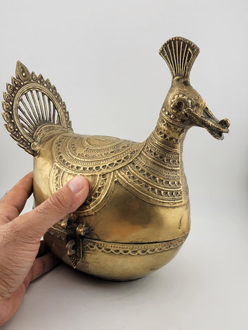 Antique Brass Decorative Indo-Islamic Dhokra Betel Nut Peacock Box With Lid.