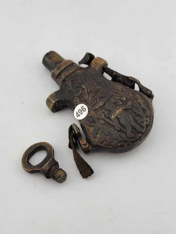 Rare 17-18th Century Heavy Bronze Powder Flask With Original Plug & Ring Hooks