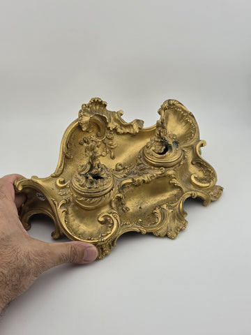 Antique 19th C French Louis XV Rococo Ornate Gilt Bronze Ormolu Inkwell Inkstand