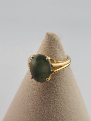 Vintage 14K Solid Gold Green Jade Cabochon Ring Elegant Open Gallery 4.9g