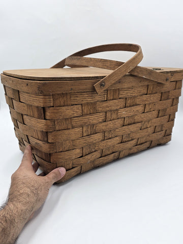 Antique C 1920's Picnic Basket 1" Woven Slats Naturally Aged Patina  Handles Lid