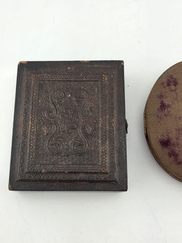 Pair Of Antique Ambrotype Portrait Lot Civil War Era Victorian Cases Gold Mat