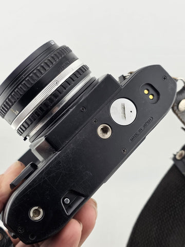 Vintage 70's Nikon EM 35mm Film Camera + 50mm f1.8 Lens + Vivitar Flash Untested