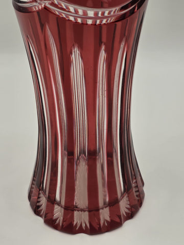 Vtg Bohemian Czech Ruby Cut To Clear Crystal Vase, Large and Heavy Crystal Vase