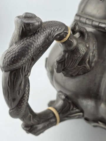 Rare Shaw & Fischer Sheffield Pewter Teapot Hinged Lid Snake Holding Fish Handle