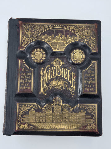 Antique 19th C Victorian Holy Bible 2000 Illustrations Embossed Leather Bible
