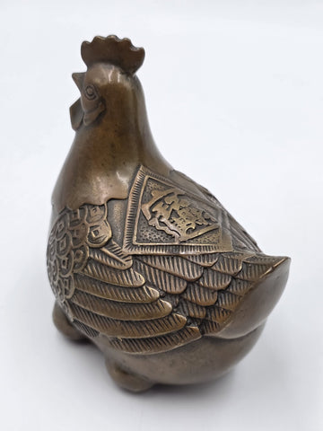 Pair Antique Chinese Bronze Rooster Hen Chicken Figures Qianlong Mark Auspicious