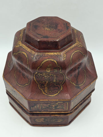 Early 19th C Chinese Qing Dynasty Red Lacquer Wedding Gift Basket Gilt Figures