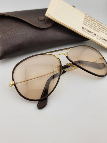 RARE VINTAGE RAY BAN LEATHERS AVIATOR TOBACCO LEATHER 58' B&L SUNGLASSES