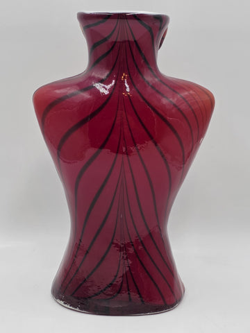 Vintage Murano Style Large Glass Vase Woman's Torso Red & Black W/ White Casing