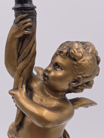 Rare Antique Brass Gilt Cherub Figural Candlestick Empire Revival 23 in Tall.