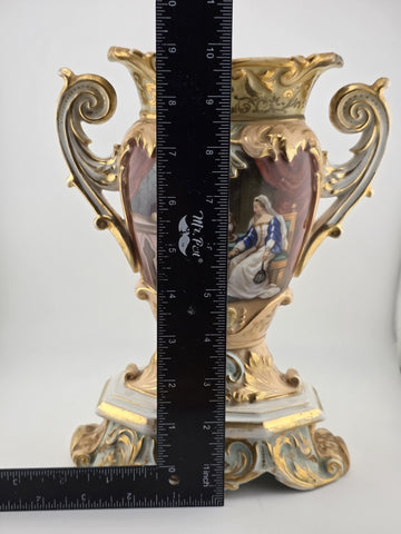Rare Antique Mid 19th C French Vieux Paris Gilt Porcelain Urn Vase Court Scene