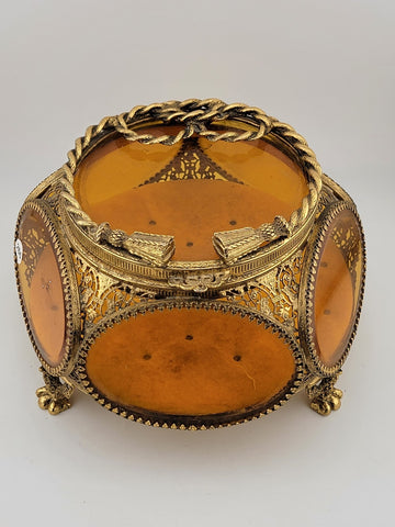 Antique Ormolu Filigree Trinket Casket Vitrine Box, 5-Sided Beveled Amber Glass