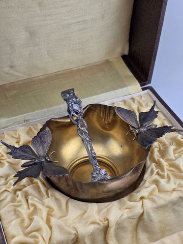 Antique 1920's Silver Plate Sugar Tongs & Bowl W Butterfly Set In Original Box