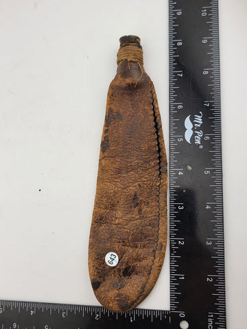 Antique 19th century leather shot black powder flask pouch tube Brass cap end