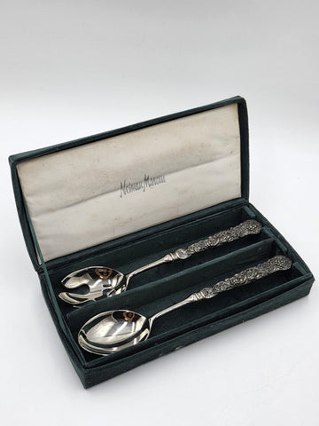 VTG GODINGER GSA 2-PIECE GRAPE LEAF SILVERPLATE UTENSIL SERVING NEIMAN MARCUS