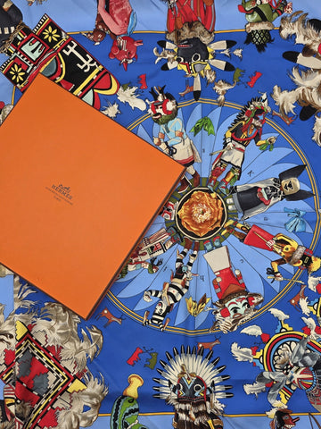 Rare Hermes Kachinas Scarf 90cm Silk Twill Hopi Design Blue Multicolor W Box.