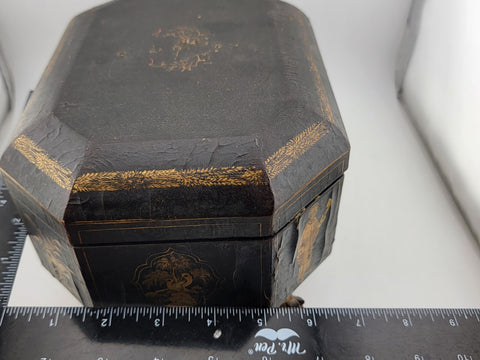 Rare 1800's Antique Chinese Gilt Lacquered Tea Caddy w/ Pewter Containers.