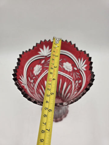 Vtg Bohemian Czech Ruby Cut To Clear Crystal Vase, Large and Heavy Crystal Vase