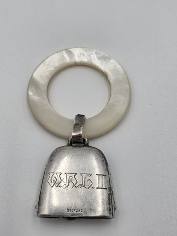 Pair Antique Sterling Silver Mother Of Pearl Baby Teething Rattles Mr Bear Goose