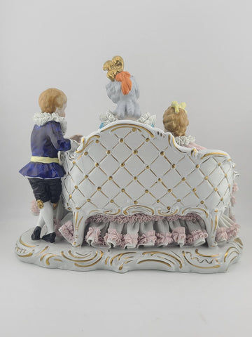 Antique 19th C Dresden Lace 3 Figure Sofa Group Porcelain Figurine U&S Germany