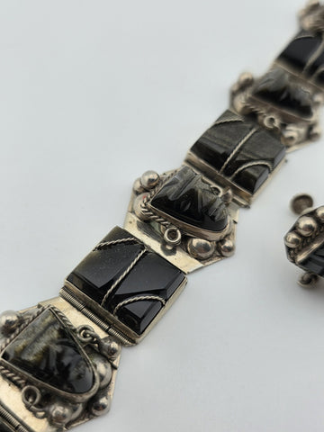 VINTAGE Mexican TAXCO STERLING SILVER 925 BRACELET & Earrings Obsidian Tribal.