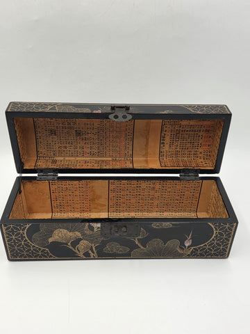 Rare Vintage Chinese Lacquer Scroll Box Gold Gilt Floral Birds Document Case