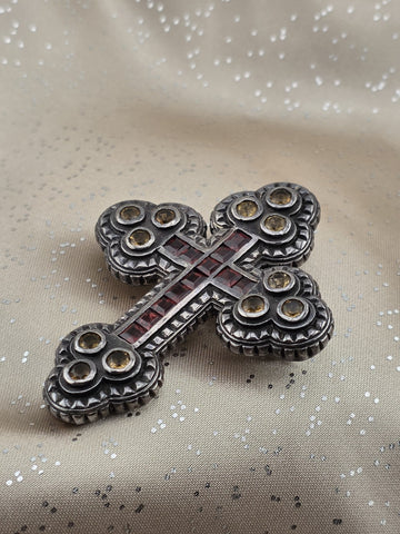 Vintage 8.45ctw Gemstone Cross Pendant 925 Sterling Silver Citrine Garnet Brooch