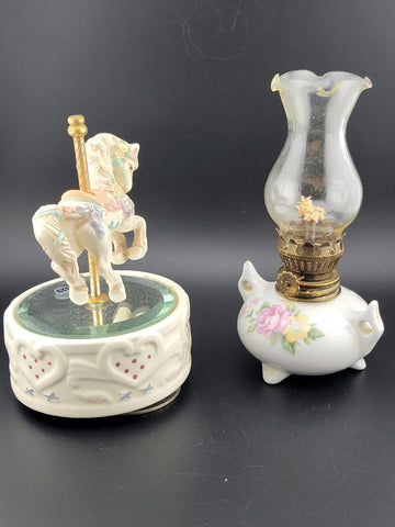 Set Of 2 Miniature Home Decor Items.  Music Box And Oil Lamp