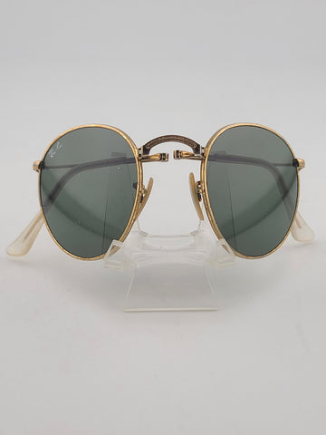 Vintage B&L Ray-Ban Folding Round Sunglasses Gold Frame Green G-15 47□20