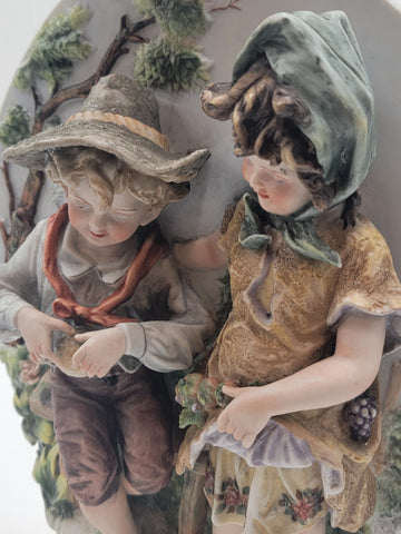 Antique German Bisque 3D Wall Plaque Framed High Relief Germany Children.