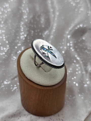 VTG  TAXCO M-5 MEXICO STERLING SILVER RING WITH BIRD INLAY MULTI COLOR STONES