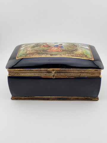 19 Century Germany Ornate Cobalt Blue Hand Painted 22K Gold Trinket/ Jewelry Box