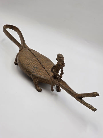 Rare African Senufo Bronze Crocodile with Rider Ritual Oracle Figure Lost Wax