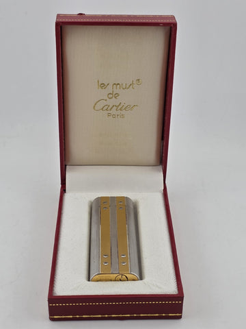 MUST DE CARTIER Santos Rivets Oval Two-Tone Silver/Gold LIGHTER W Box. Works.