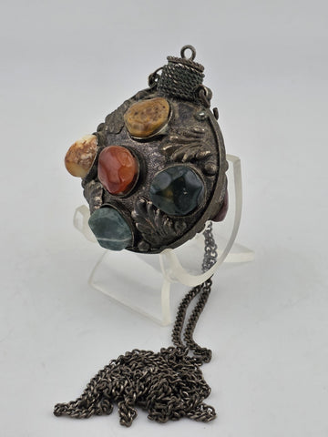 Antique 1900 Imperial Russian Brass & Stone Perfume Bottle Vial Pendant Necklace