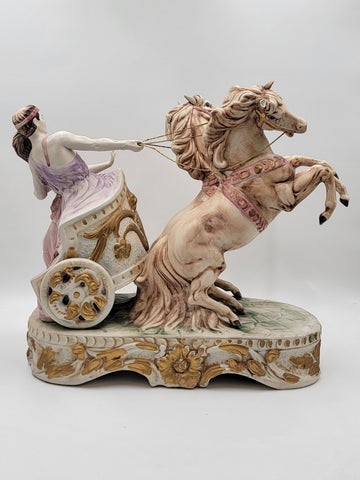 Rare HUGE Antique Ben Hur Porcelain Statue Italy Roman Chariot Racing Horses