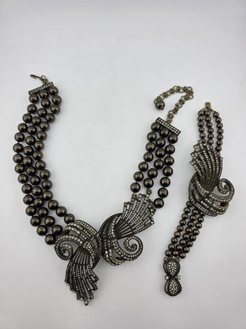 Rare Vintage Heidi Daus Statement Necklace & Bracelet, Chunky Black Faux Pearls