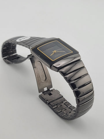 Vintage Rado Rectangular Quartz Watch Black Dial Gold Trim Swiss Design. Works.
