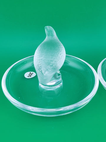 Set Of 2 Lalique Crystal Glass Partridge Quail Bird Ring Holder Trinket Dish